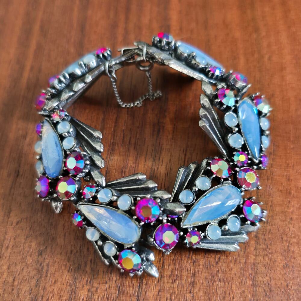 Florenza Bracelet Blue Glass Moonstone Red AB Rhinestones Victorian Revival